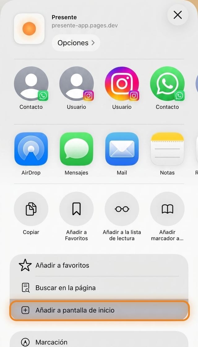 El panel de compartir de Safari. Un redondel naranja rodea la opción «Añadir a pantalla de inicio».